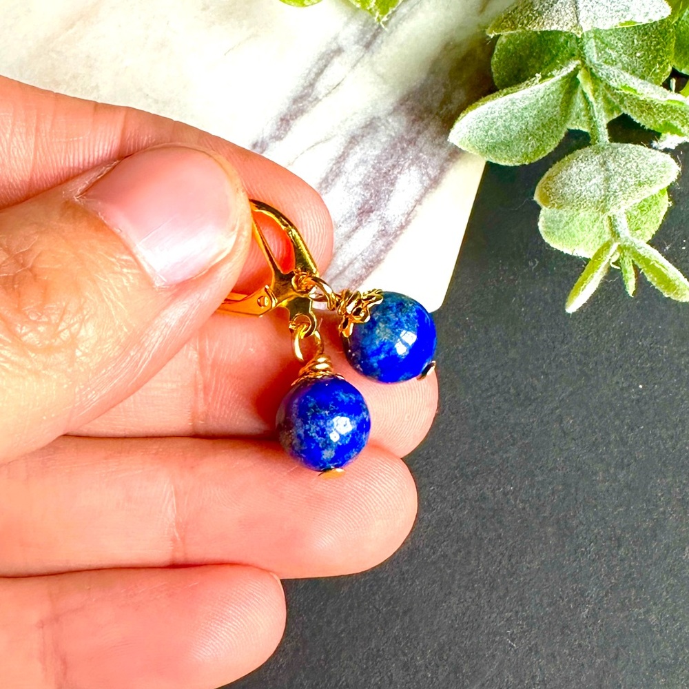 Lapis Lazuli Earrings Gold Dangle Blue Stone Lever back